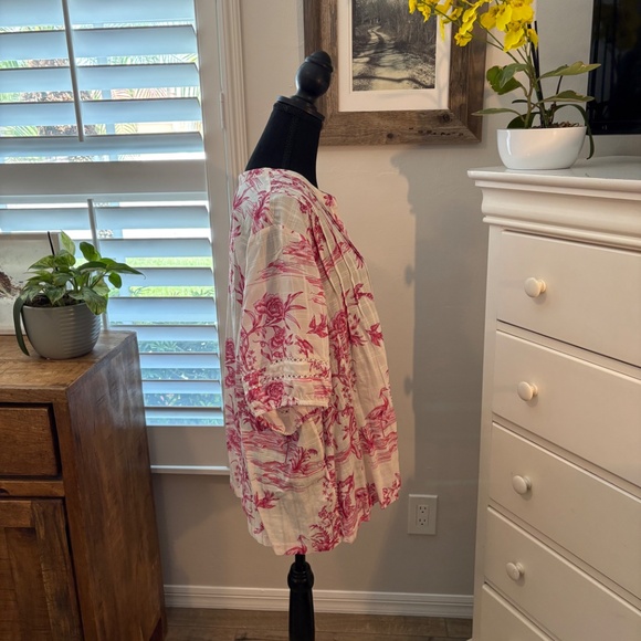 Johnny Was PINK FIREBIRD PLEATED BUTTON DOWN BLOUSE, XXL - Picture 2 of 10